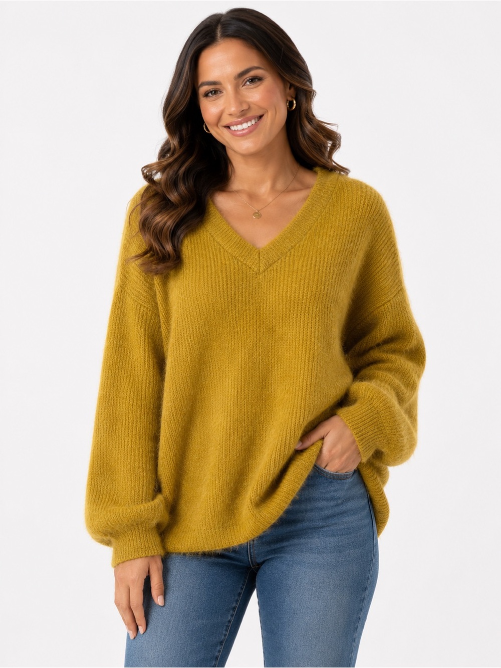 E Luna Womens Mustard Fuzzy V-Neck Sweater Cozycore Soft Girl Aesthetic Knit Top